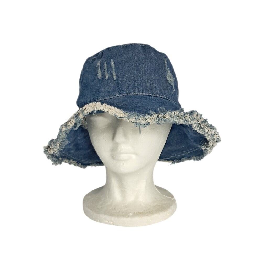 Distressed Denim Bucket Hat Wired Brim Unisex Casual Festival Y2K Boho Frayed